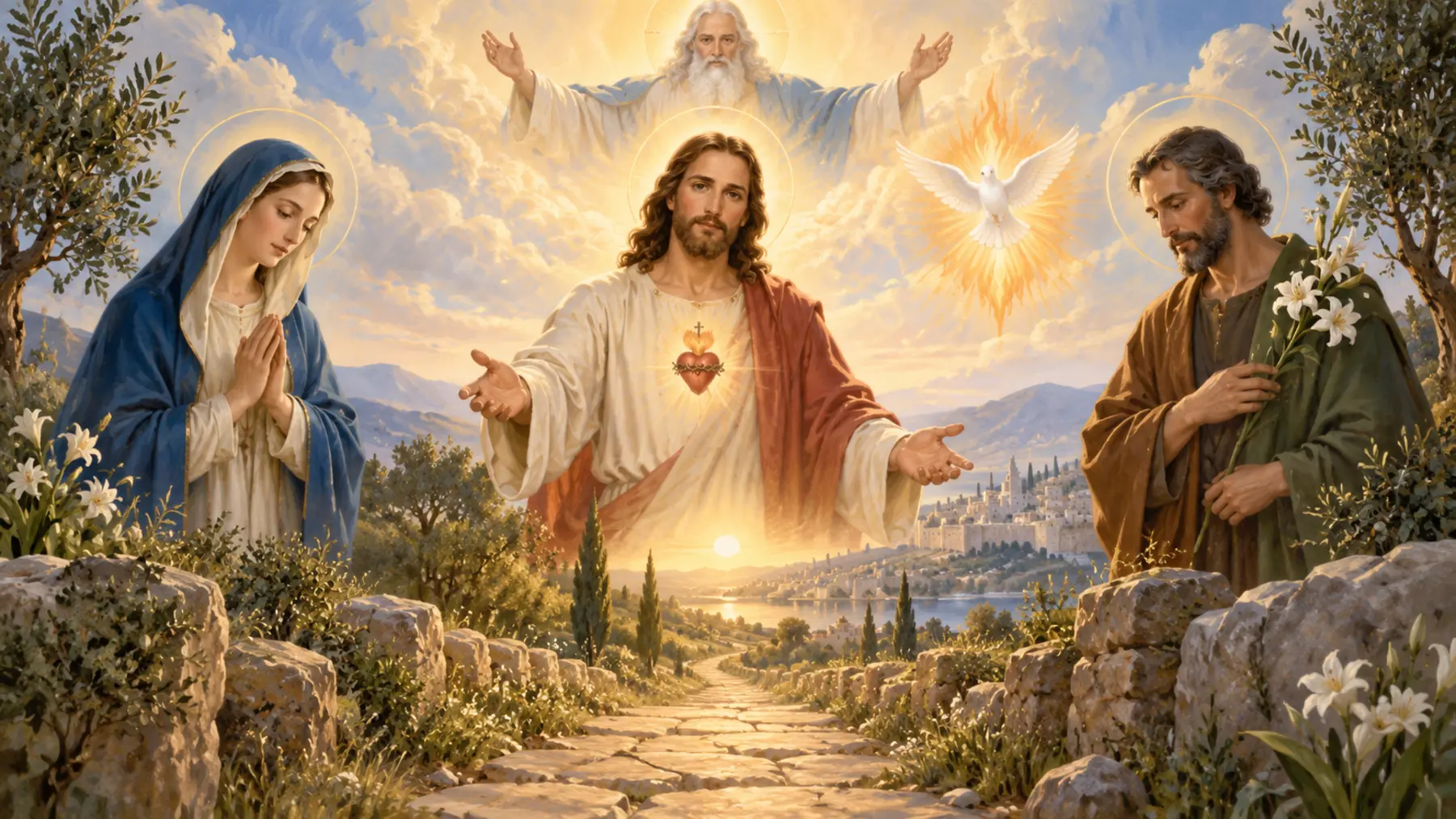 Jesus ao centro, Deus Pai, o Espírito Santo, Santa Maria e São José em uma paisagem iluminada
